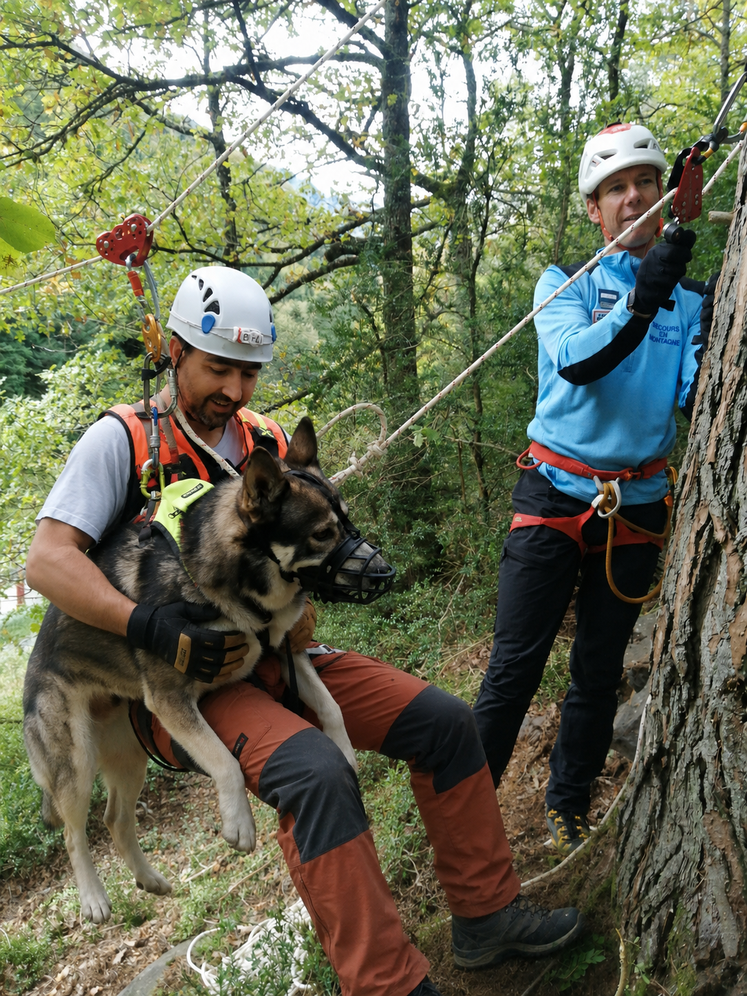 Brice et Névé en tyrolienne avec la CRS Montagne