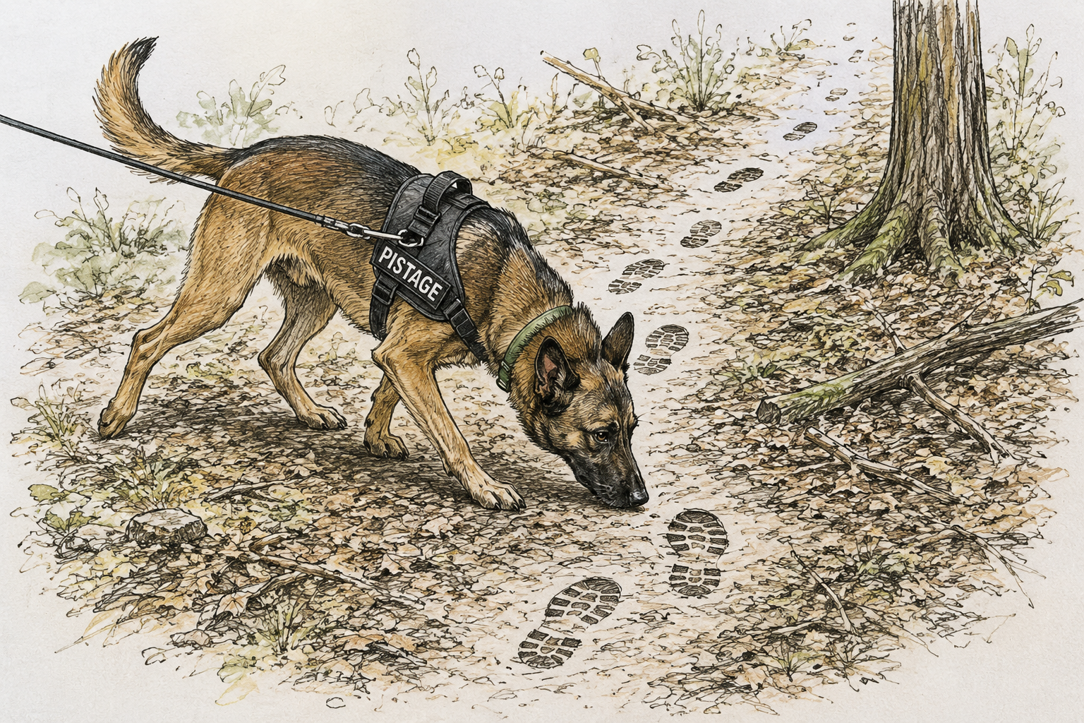 Illustration d’un chien suivant une piste odorante